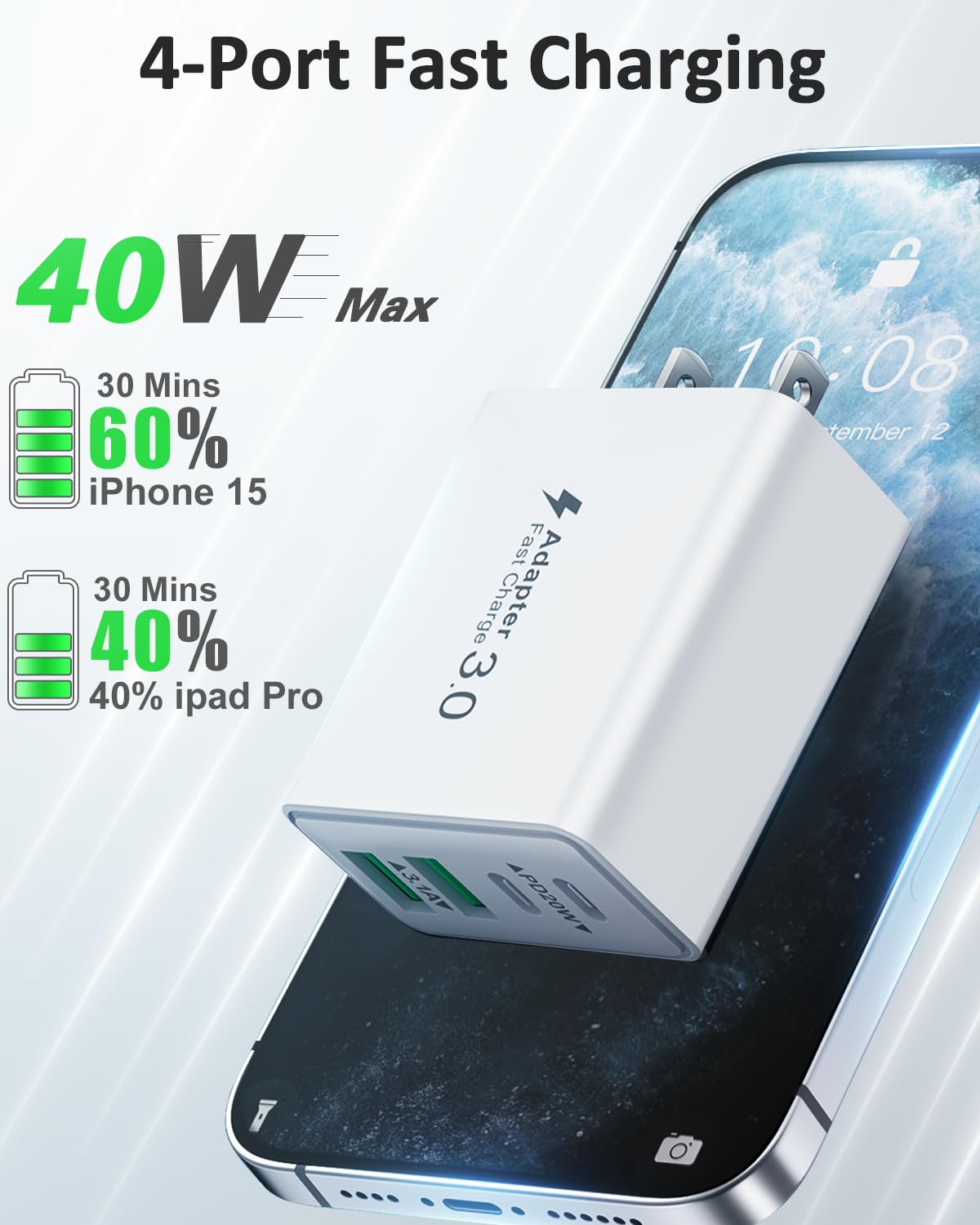 Usb C Charger Block, 2Pack 40W 4 Port Type C Fast Charging Block Dual Pd Power Adapter+Qc Plug Double Usb Wall Charger Blocks Mu