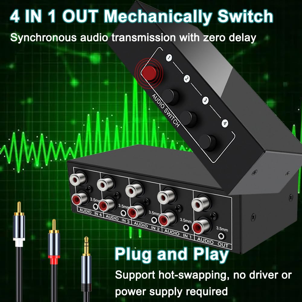 Flyroadup 3.5Mm Aux + Rca L/R Bi Directional Stereo Audio Switch 4 In 1 Out A/B Analog Audio Switcher Selector