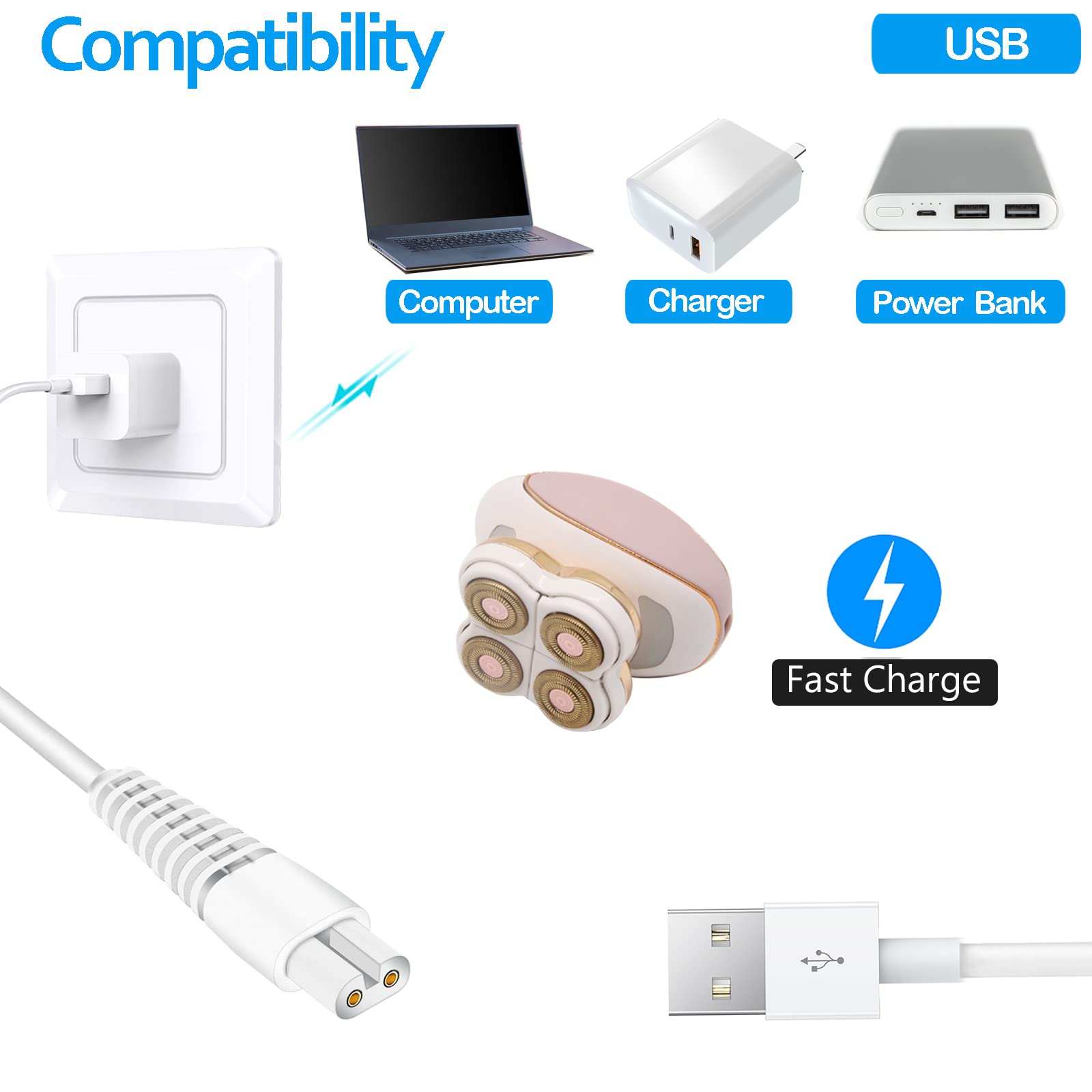 ATUOE Charging Cable for Flawless Legs Shaver - 2 Pack Power Cord, Electric Trimmer Charger, White, 1 Count (Pack of 2)