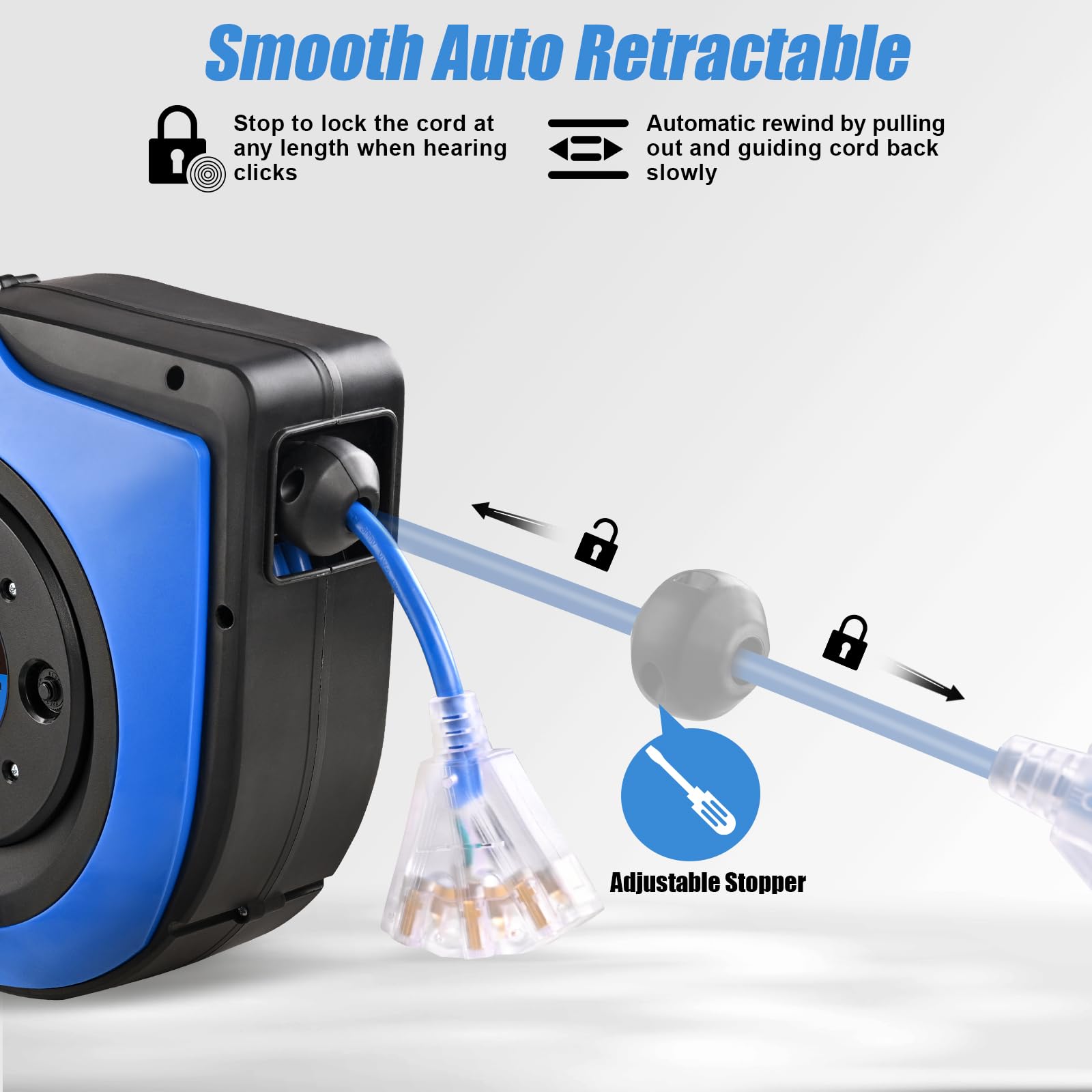 Suraielec Retractable Extension Cord Reel, 75 Ft 14 Awg/3C Sjtow Power Cord, 3 Outlets Triple Tap, 10 Amp Circuit Breaker, Ceili