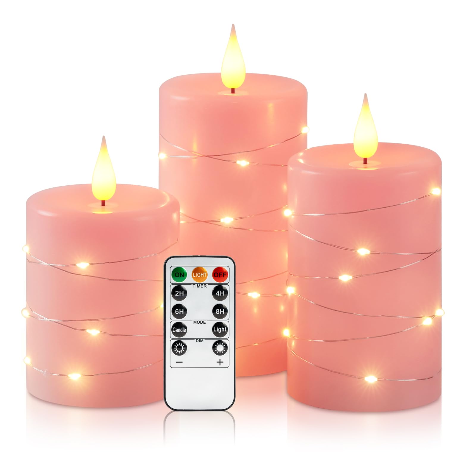 Amagic Flameless Candles with Embedded String Lights, 11-Key Remote & Timer, 3D Wick Real Wax Battery Operated Flickering Led Pi