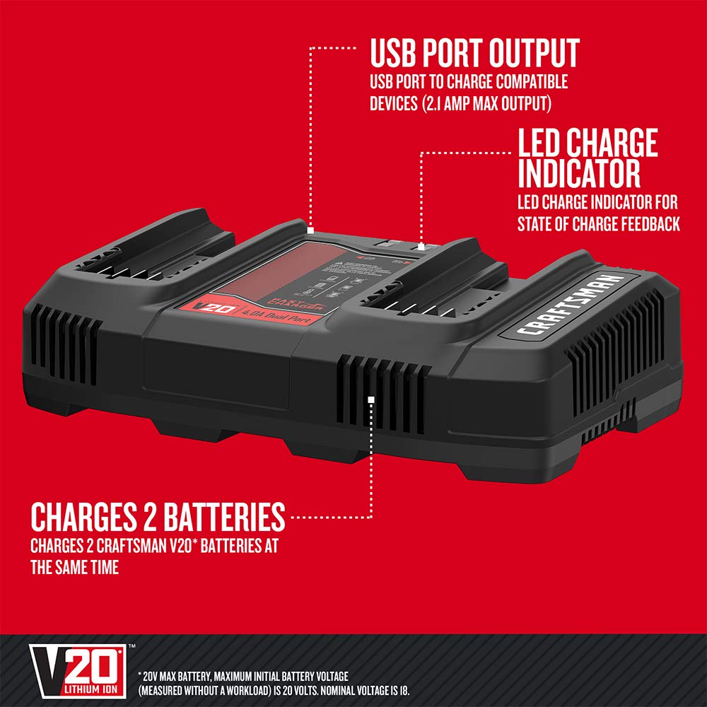 Craftsman V20 Battery Charger, Dual Port, 2.0 Ah (Cmcb124)