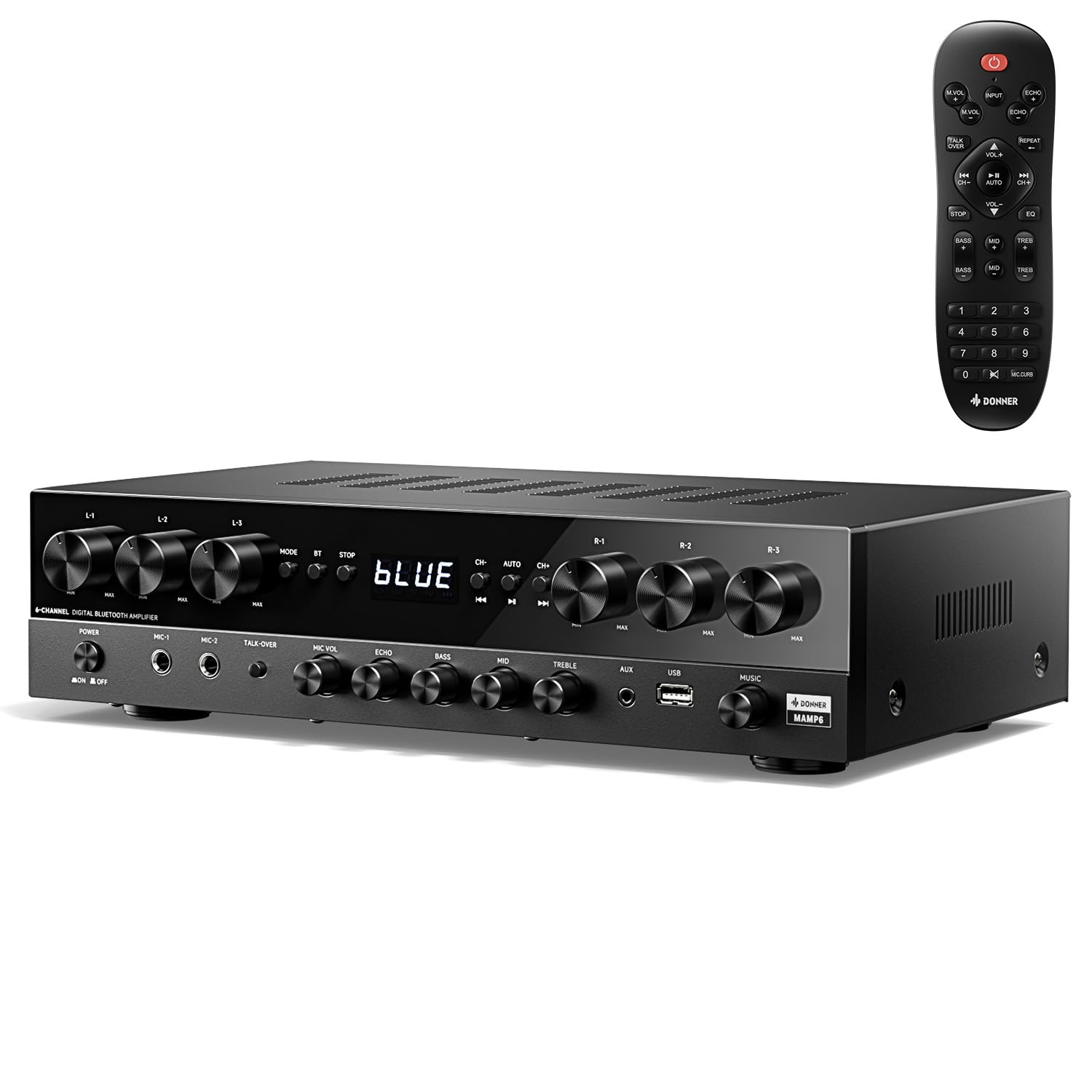 Donner Stereo Receivers, Premium 1000W Peak Power 6 Channel Audio Amplifier with Bluetooth 5.3, USB, FM, 2 Mic-in, Echo, RCA, Op