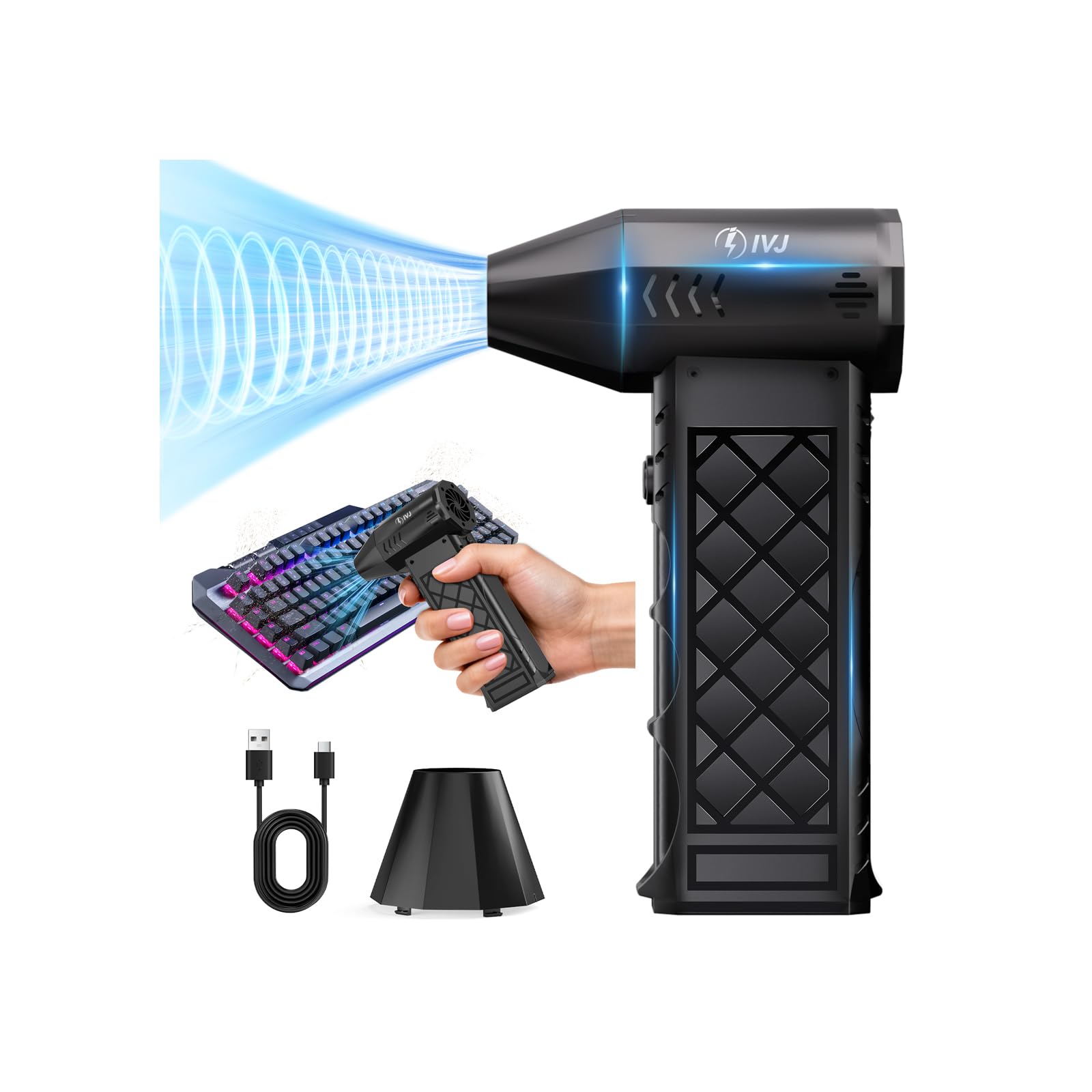 IVJ Compressed Air Duster, 130000RPM 4-Gear Adjustable Mini Electric Air Duster with Brushless Motor, Rechargeable Cordless Air 