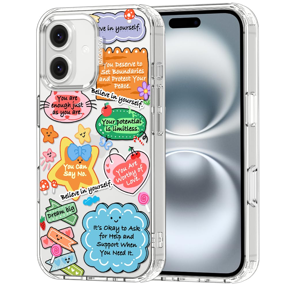 MOSNOVO for iPhone 16 Case, Shockproof Military-Grade Protection 6.6ft Drop Tested, Clear Phone Case for iPhone 16, Self Love Cl
