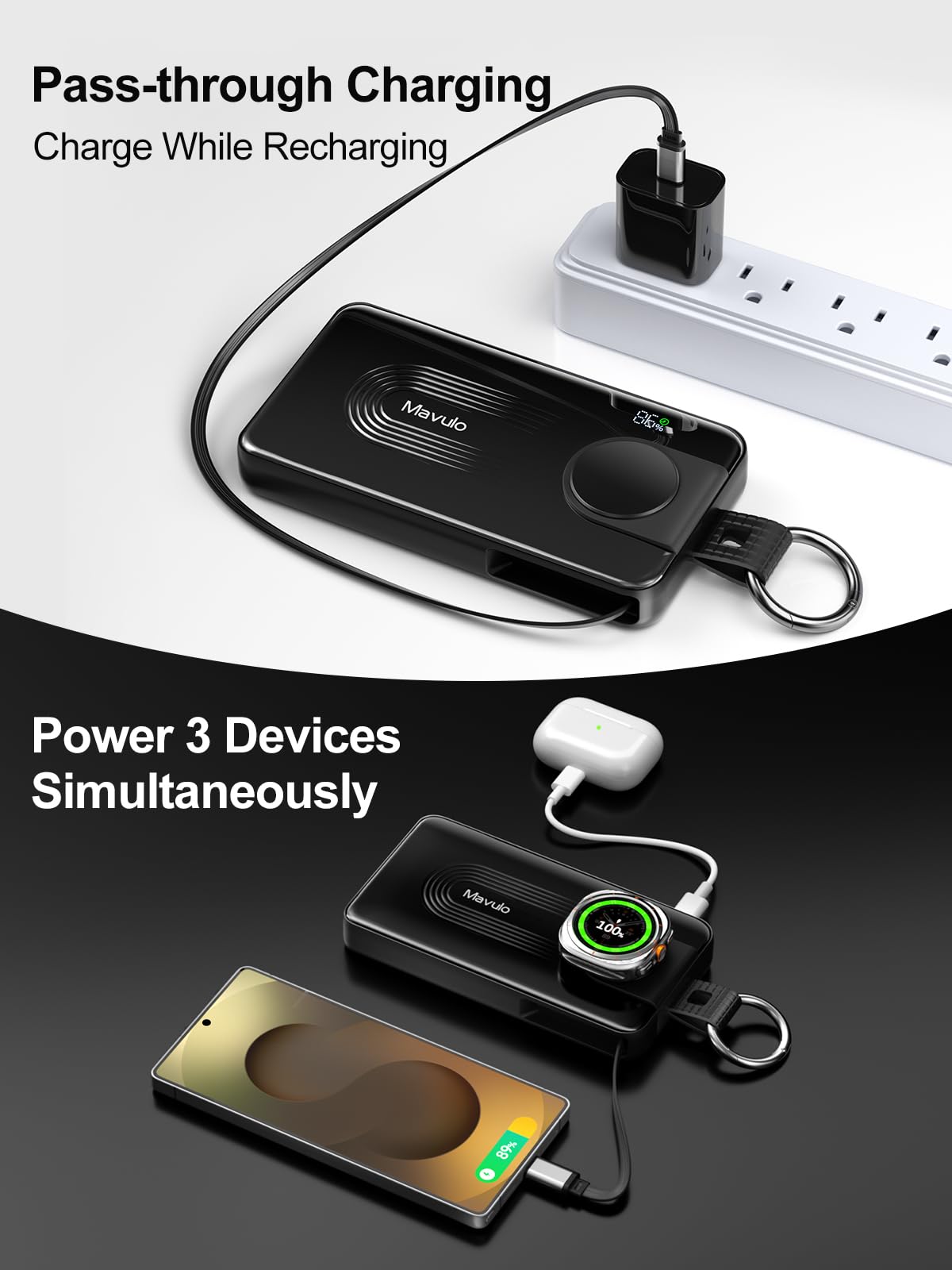 Mavulo 3-In-1 Portable Charger 10000Mah Power Bank For Samsung Galaxy Watch, Retractable Usb-C Cable, 20W Pd Fast Charging, Led