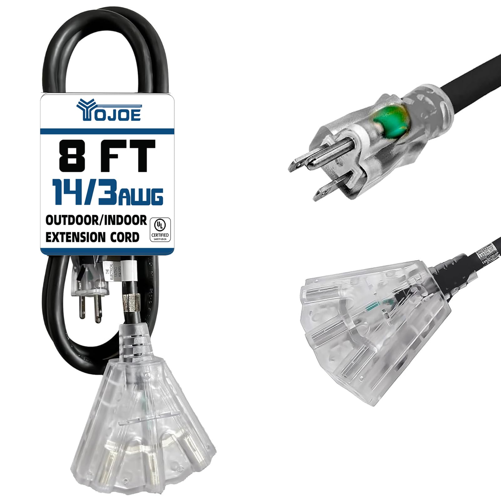 Yojoe 3 Outlets Indoor Outdoor Extension Cord With Lighted End, 3 Prong 15A Weatherproof Power Cord, 14 Gauge Heavy Duty 8 Ft Bl