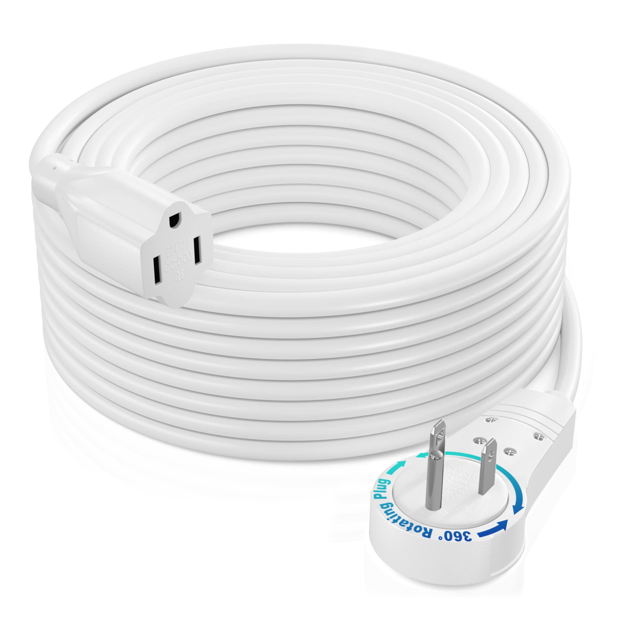 Maximm Extension Cord 50 Foot White Flat Plug, 360 Rotating Short Power Cord Single Outlet, Indoor 16 Gauge 3 Prong Grounded Wir