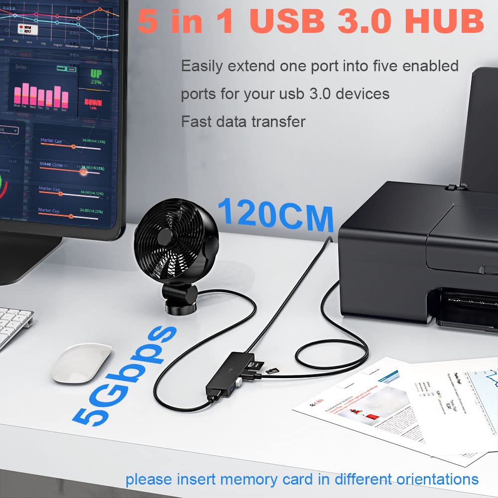 Usb Hub 3.0 Splitter, Tsupy Usb 3.0 Hub Multi Usb Adapter Port Expander With 4Ft Cable, Sd/Tf Card Reader & 3 Usb 3.0 Ports Compatible For Pc, Laptops, Surface Pro, Macbook, Imac Pro