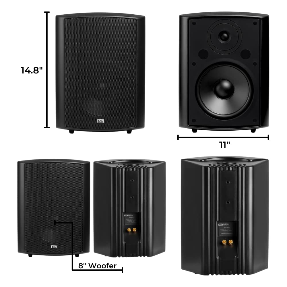 OSD 8' Outdoor Patio Speaker Pair, Weatherproof IP54 Rated Aluminum Grilles, Black AP840