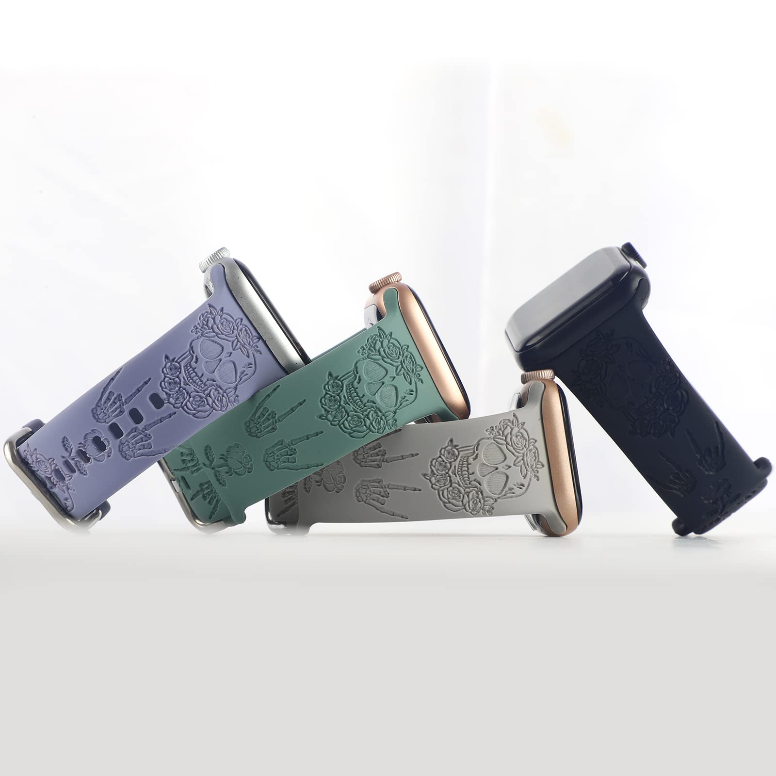 Halloween Floral Engraved Silicone Band Compatible With Apple Watch 42Mm 44Mm 45Mm For Women Men,Skull Pattern Laser Printed Sof