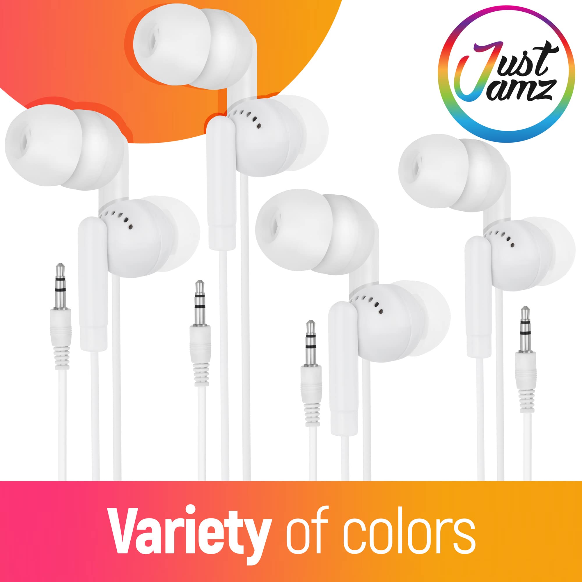 Justjamz Basic Pearl White Headphones Disposable Earbuds Earphones For Kids And Adults, 100 Pack