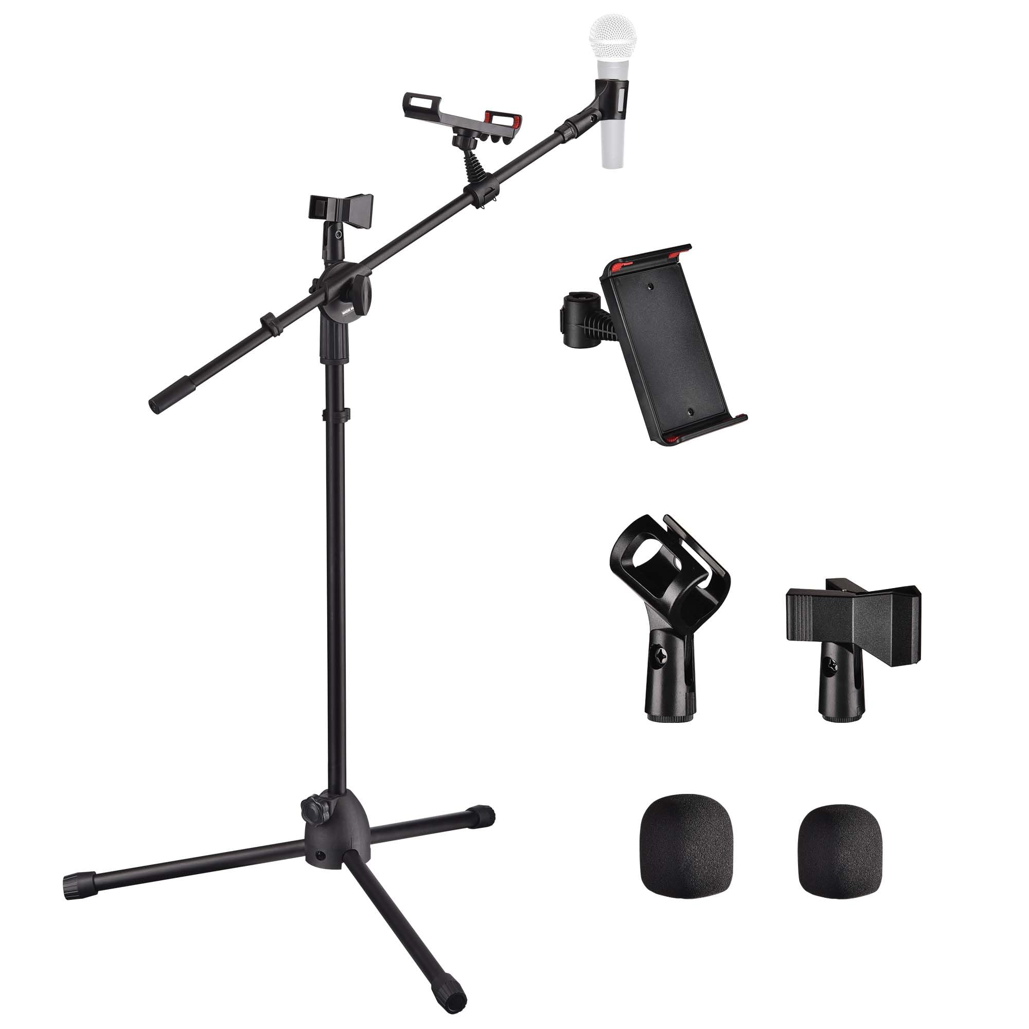 AW Microphone Boom Arm Stand w/Dual Mic Clips Adjustable Tripod Phone Mount Holder for Performance Singing Wedding Stage and Out