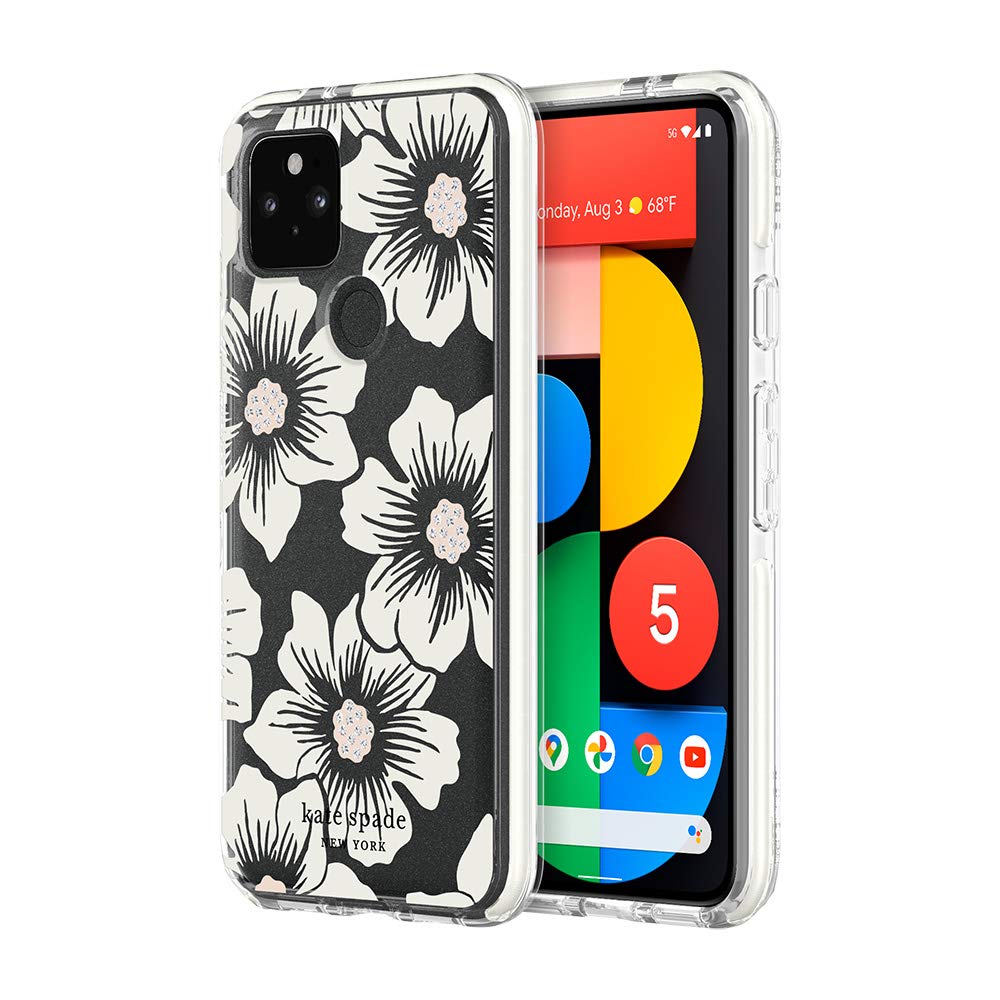 Kate Spade New York Defensive Hardshell Case For Google Pixel 5   Hollyhock Floral Clear/Cream With Stones