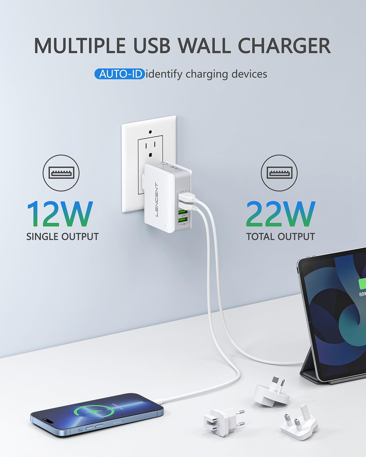 Lencent Multiple Usb Wall Charger, [22W/4.4A] 4 Port Usb Travel Power Adapter, All In One Worldwide Cell Phone Charger With Uk U
