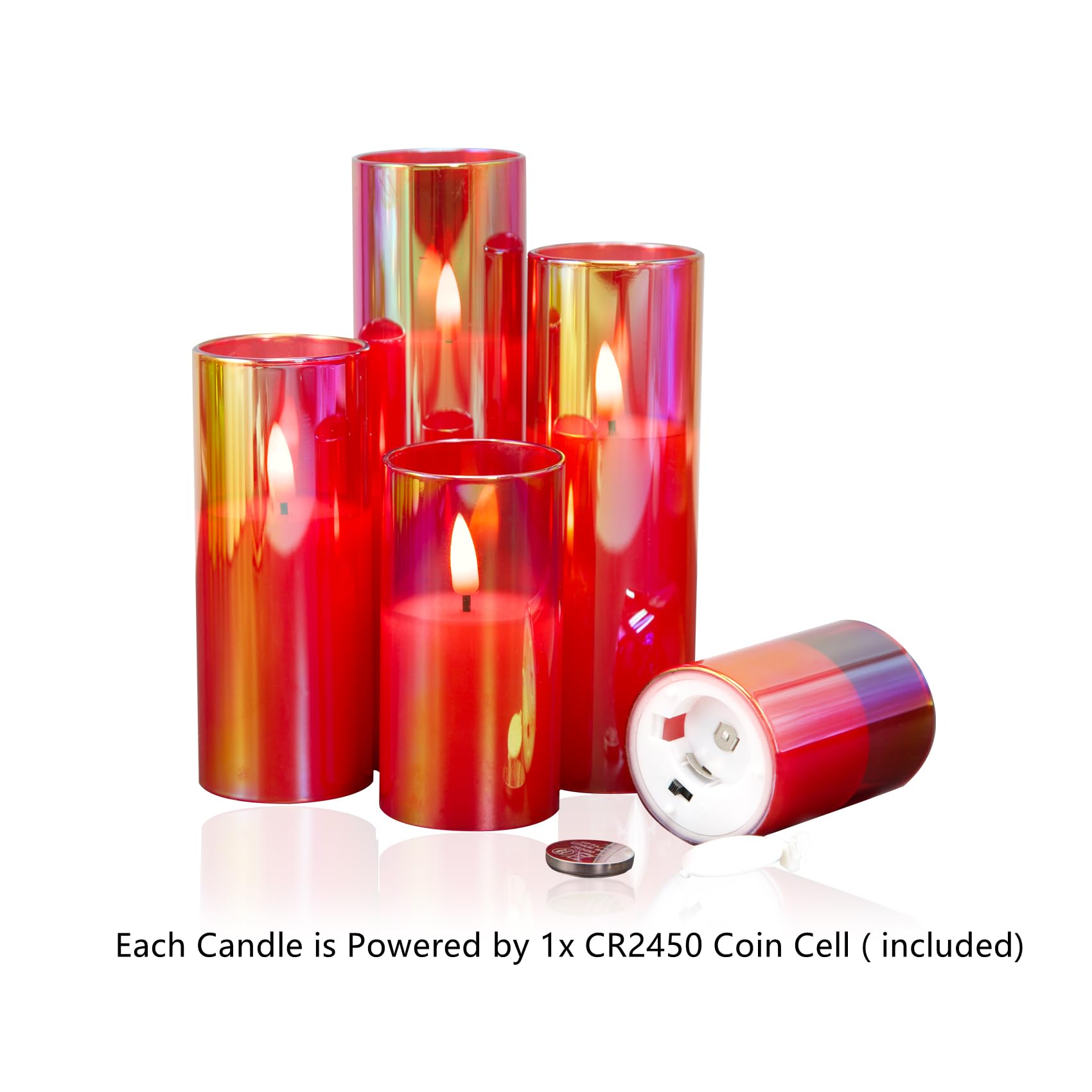 Eywamage 5 Pack Red Glass Flameless Candles With Remote, Flickering Slim Tall Led Pillar Votive Candles Battery Included
