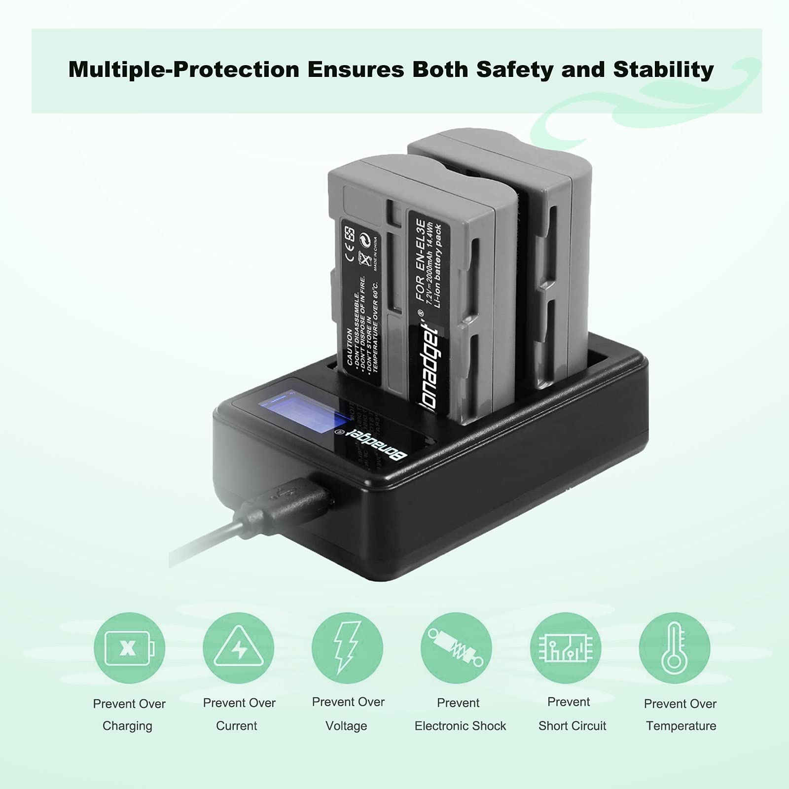 Bonadget 2 Pack 2000Mah En El3 En El3A Replacement Battery And Lcd Dual Charger Compatible With Nikon D700 D90 D300S D300 D200 D