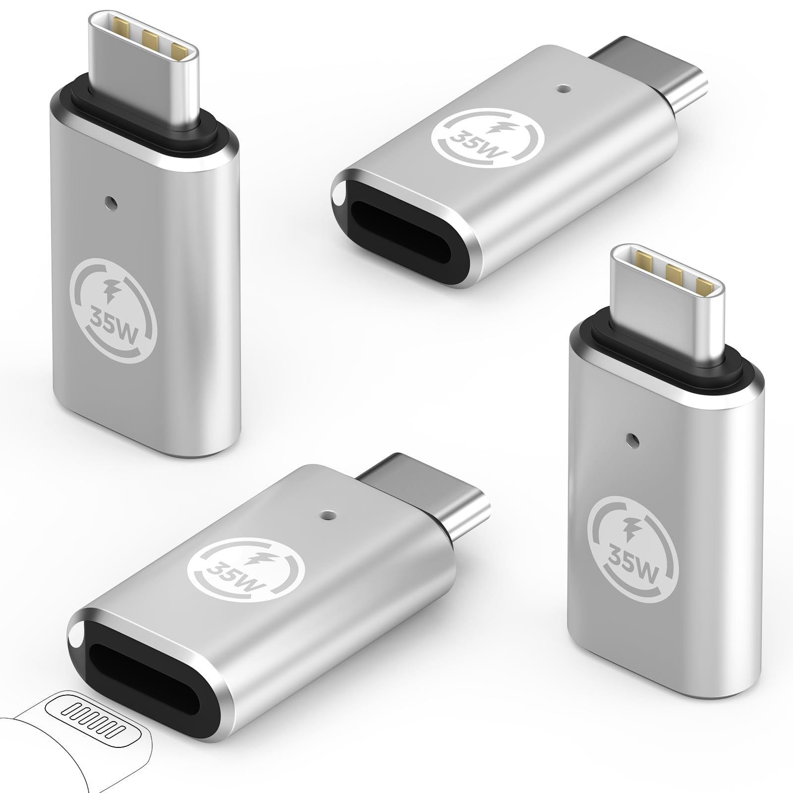 MoKo Lightning to USB C Adapter 4 Pack - Fast Charging for iPhone 15/16 Pro Max, Galaxy S24 - Silver, NOT for Headphone, 35W