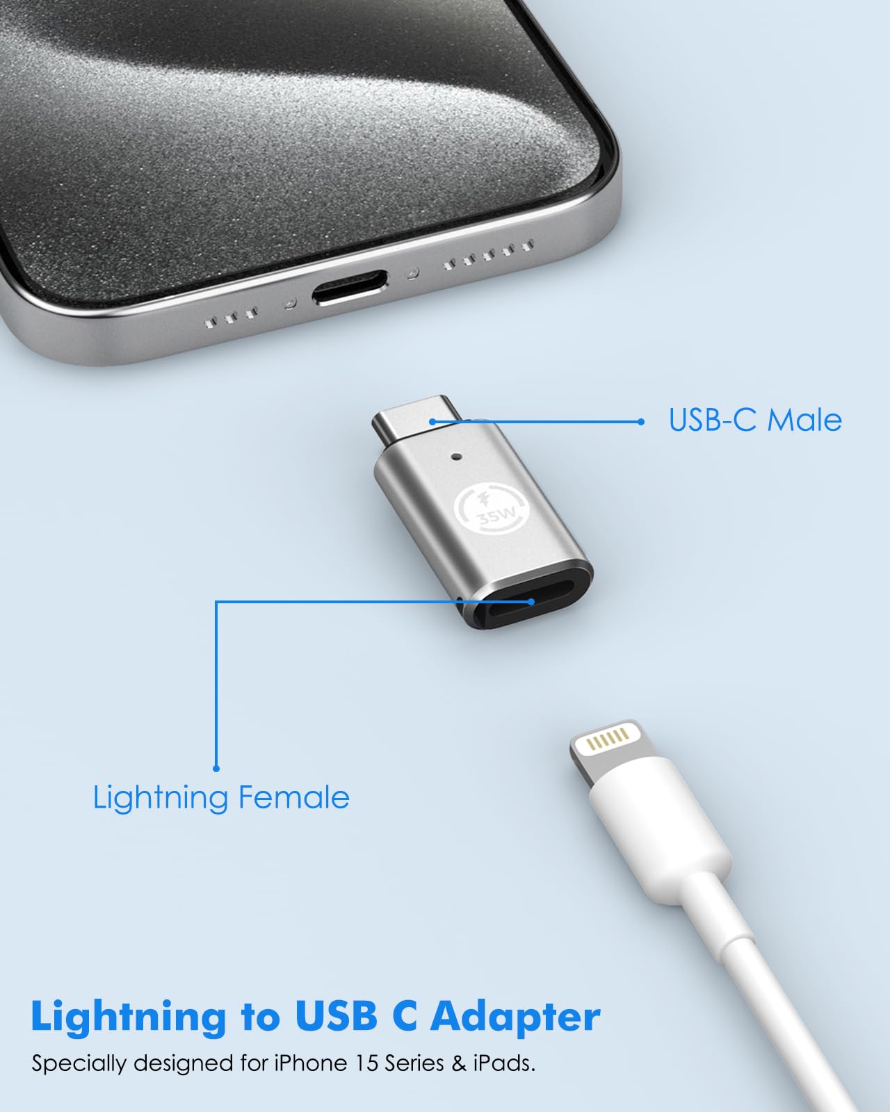 MoKo Lightning Female to USB C Male Adapter 2Pack,Lightning USB C Adaptor for iPhone 15/16 Pro/16 Pro Max/Plus,Galaxy S24,iPad, iPhone to USB C Adapter for Fast Charging, NOT for Headphone, Silver 35W