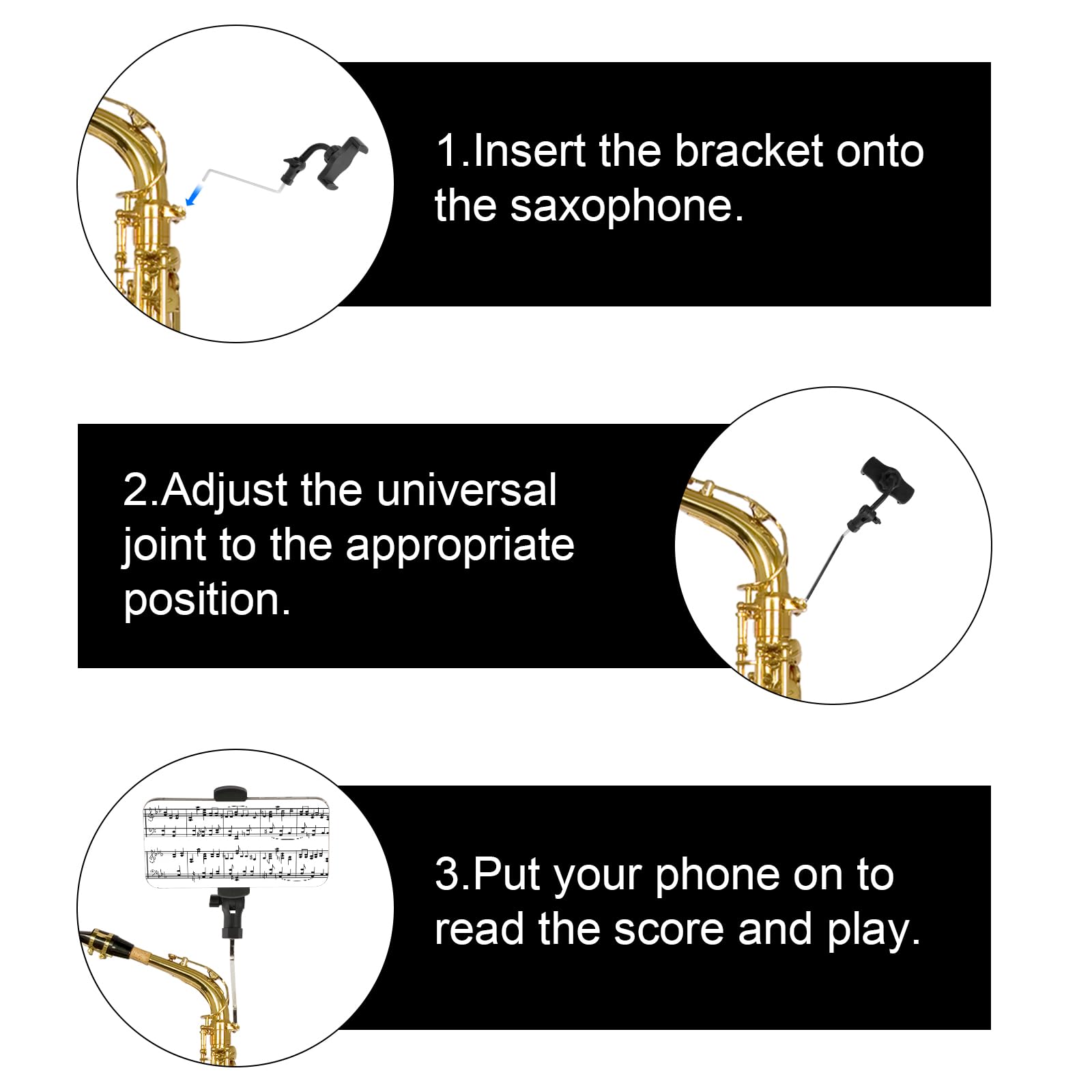 Alto Saxophone Phone Holder, Sax Lyre Music Clip 4Mm Square Head Saxophone Phone Mount To Fix Your Phone Securely Easy To Read M