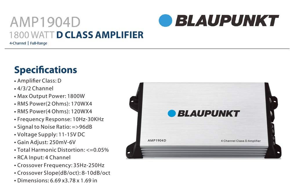 Blaupunkt Amp1904D Universal Car Speaker Amplifier Class D 4 Channel 1800 Watts Max Power