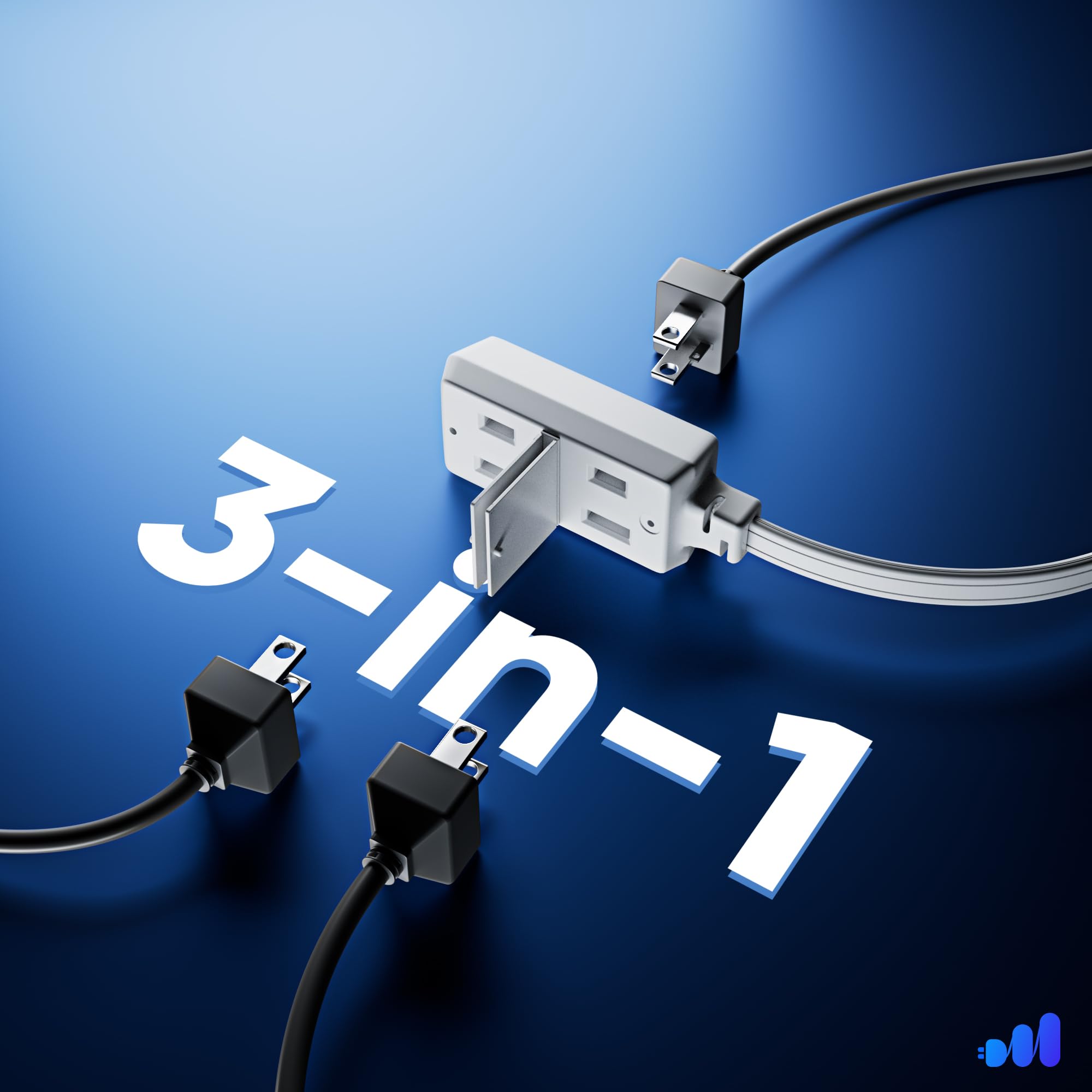 Maximm Cable 1Ft 360 Rotating Flat Plug Extension Cord/Wire, 16 Awg Multi 3 Outlet Extension Wire, 2 Prong With Safety Cover   W