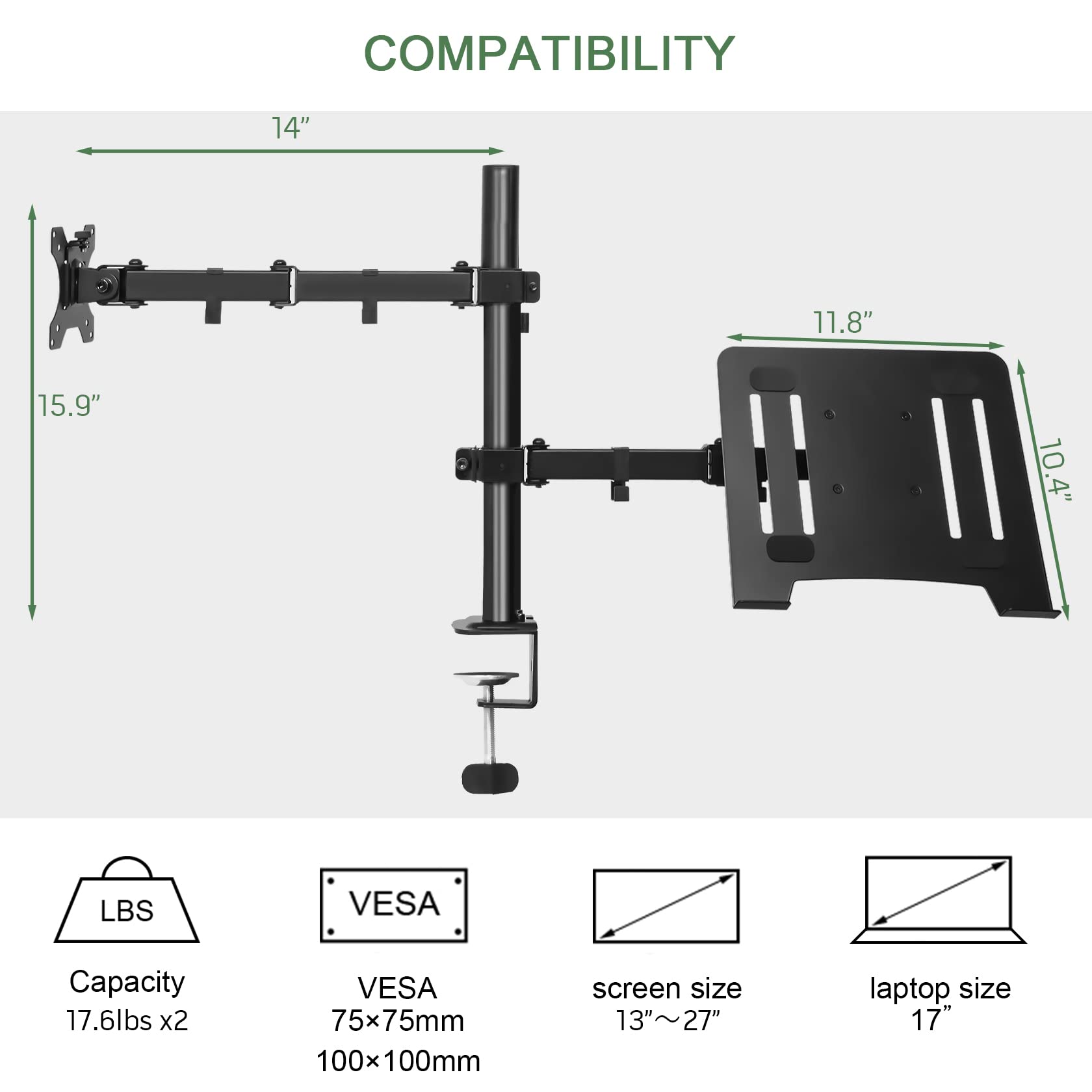 Upgravity Monitor And Laptop Mount, Monitor Arm With Laptop Tray For 13'' To 27'' Lcd Computer Screens And Notebook Up To 17 Inc