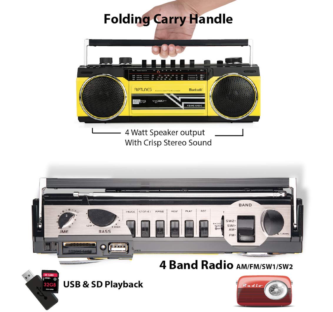 Riptunes Cassette Boombox, Retro Blueooth Boombox, Cassette Player And Recorder, Am/Fm/Sw 1 Sw2 Radio 4 Band Radio, Usb, And Sd,