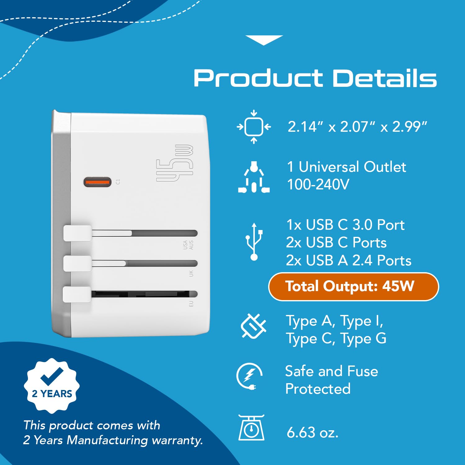 Ceptics Universal Travel Adapter W/ 2X Usb A And 3X Usb C, 6 In 1 Travel Adapter 45W For Global Use, International Adapter For M