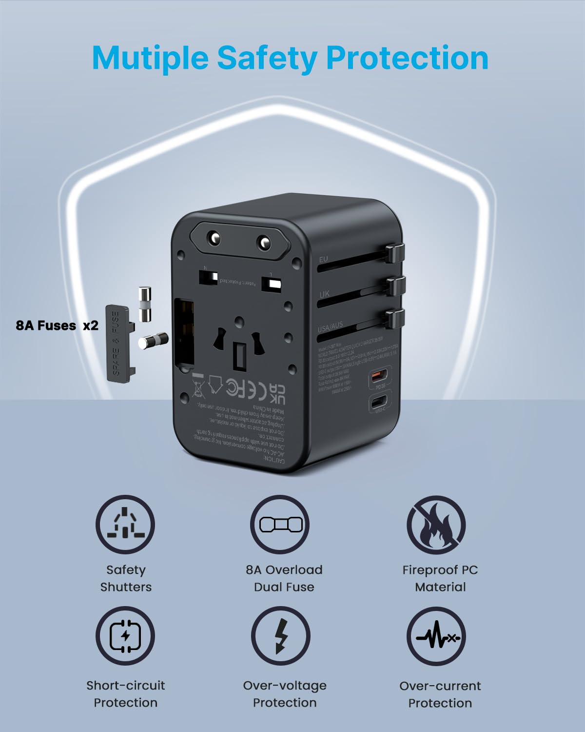 Universal Travel Adapter, Vintar 35.5W International Power Adapter With 3 Usb A Qc And 2 Usb C Pd, All In One Plug Adapter World