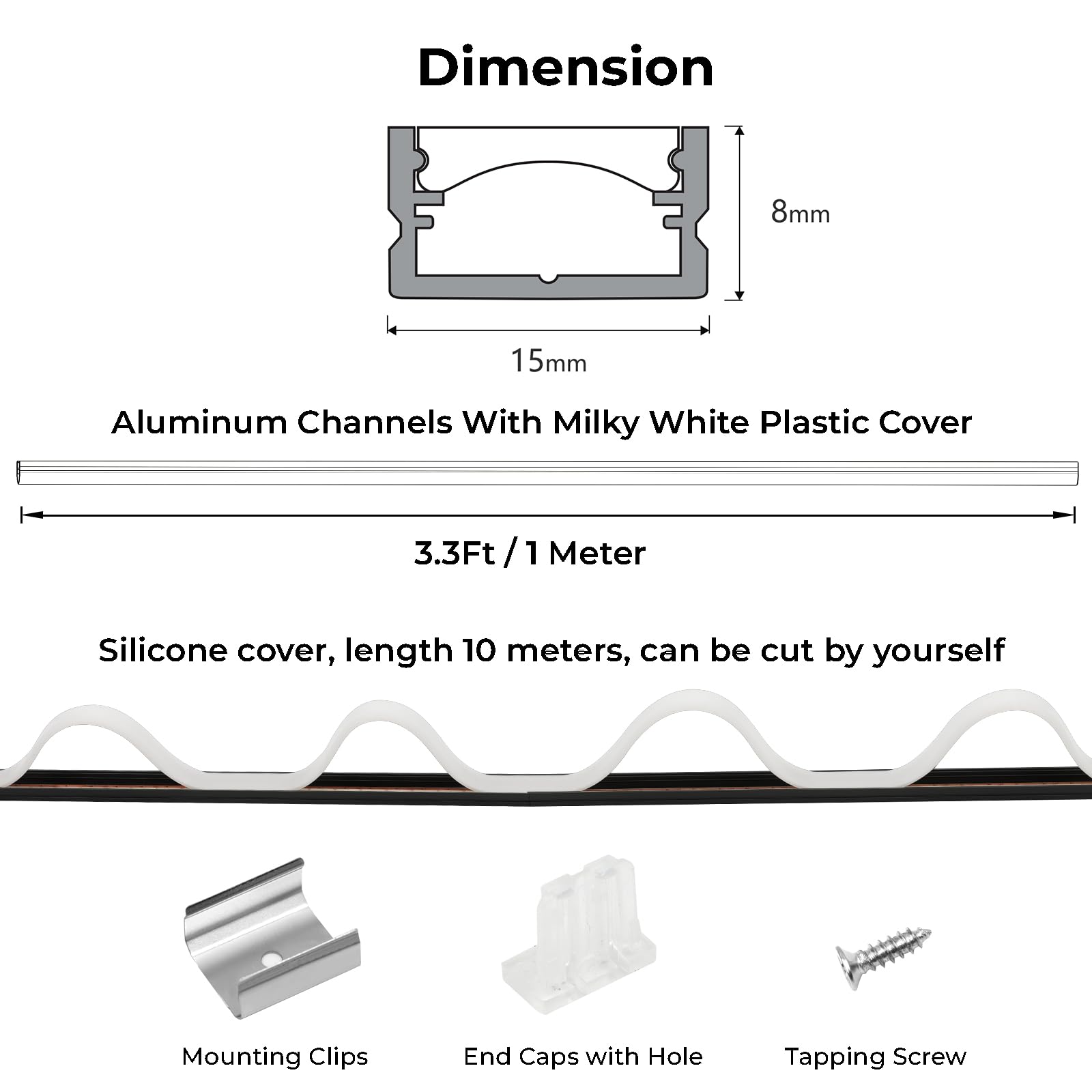 Vst 10Pack 3.3Ft Black U Shape Aluminum Channel With 33Ft White Flexibla Diffuser Cover, Seamlessly Connected Into A Continuous