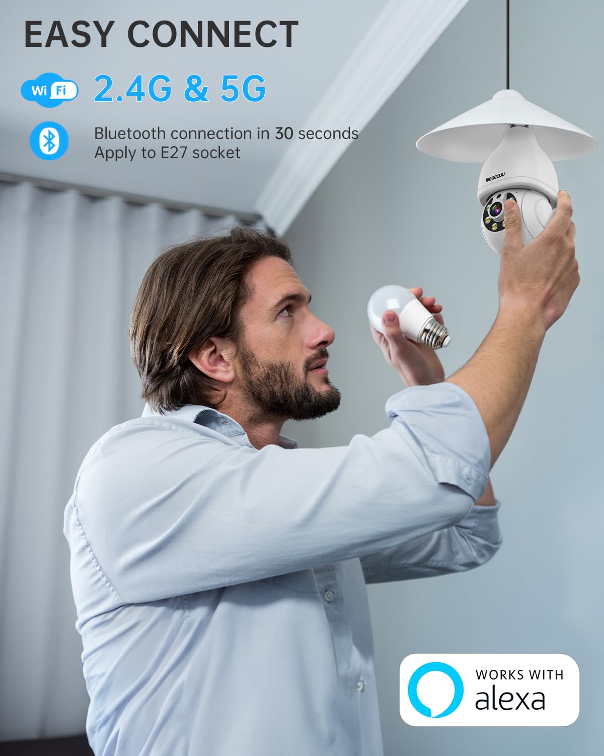 WESECUU Light Bulb Security Camera, 2.4G/5G WiFi, Wireless Outdoor, 2-Way Talk, Human Detection, Color Night Vision, Compatible with Alexa,