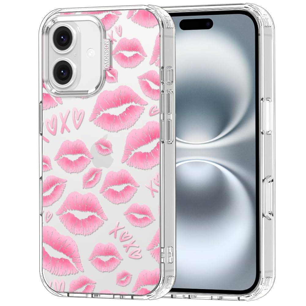 MOSNOVO for iPhone 16 Case, Shockproof Military-Grade Protection 6.6ft Drop Tested, Clear Phone Case for iPhone 16, XOXO Kisses 