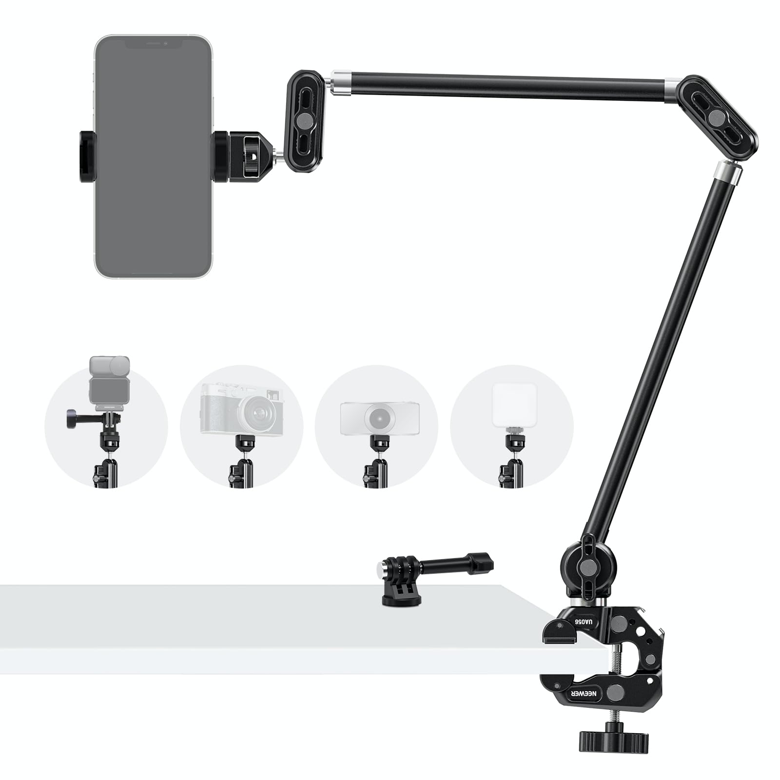 NEEWER 30 Articulating Magic Arm with Super Clamp/Action Cam Mount/Phone Holder, Overhead Camera Desk Mount Mic Boom Stand, Comp
