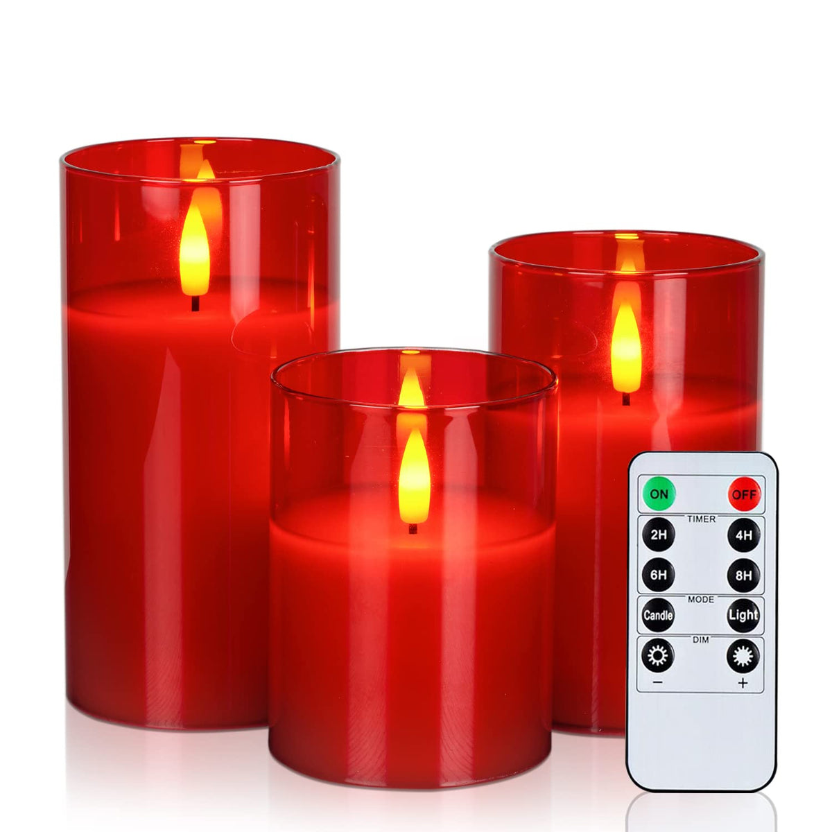 Amagic Red Glass Flameless Candles Battery Operated With Timer, Remote Control, Led Pillar Candles Battery Powered, Wax, D3 H4 5