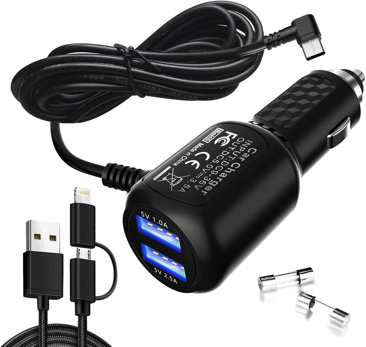 Dash Cam Charger 2024 Upgraded Usb-C Car Charger With Dual Usb Port Compatible With, Rexing, Byakov, Akaso, Crosstour, Trekpow, Pruveeo, Oldshark, Garmin And Most Other Dash Cam (11.5Ft)