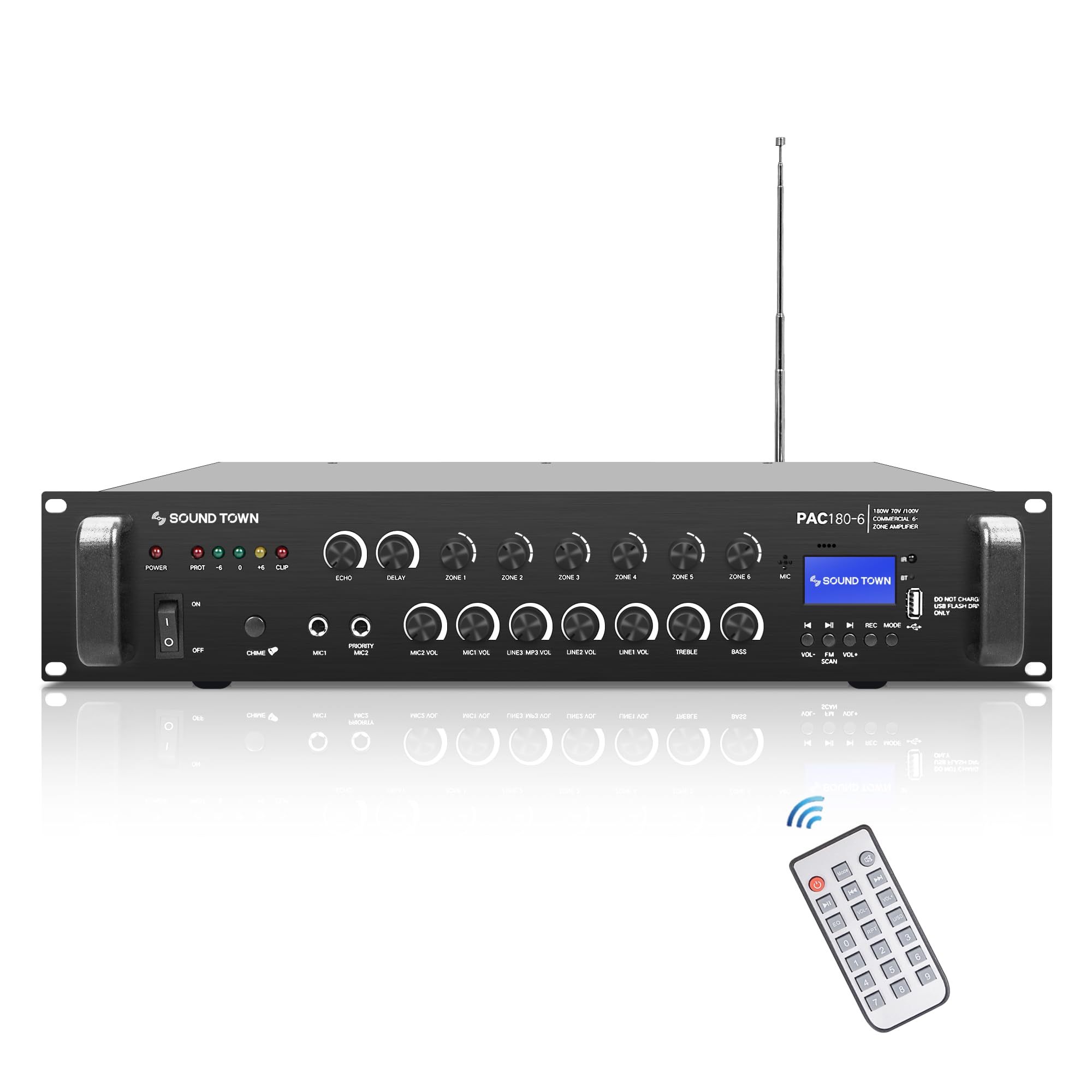 Sound Town 180W 6 Zone 70V/100V Commercial Power Amplifier With Bluetooth, Aluminum, For Restaurants, Lounges, Bars, Pubs, Schools And Warehouses (Pac180 6)