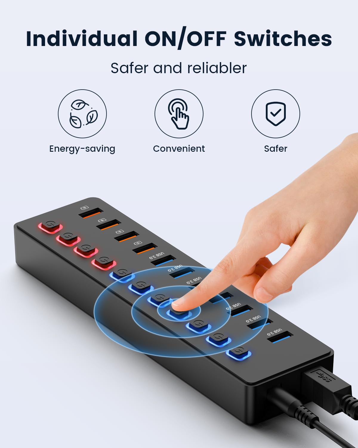 Powered Usb Hub,Usb Hub,11 Port Hub Splitter (7 Usb 3.0 Data Transfer Ports + 4 Smart Charging Port), Independent Switch (With L