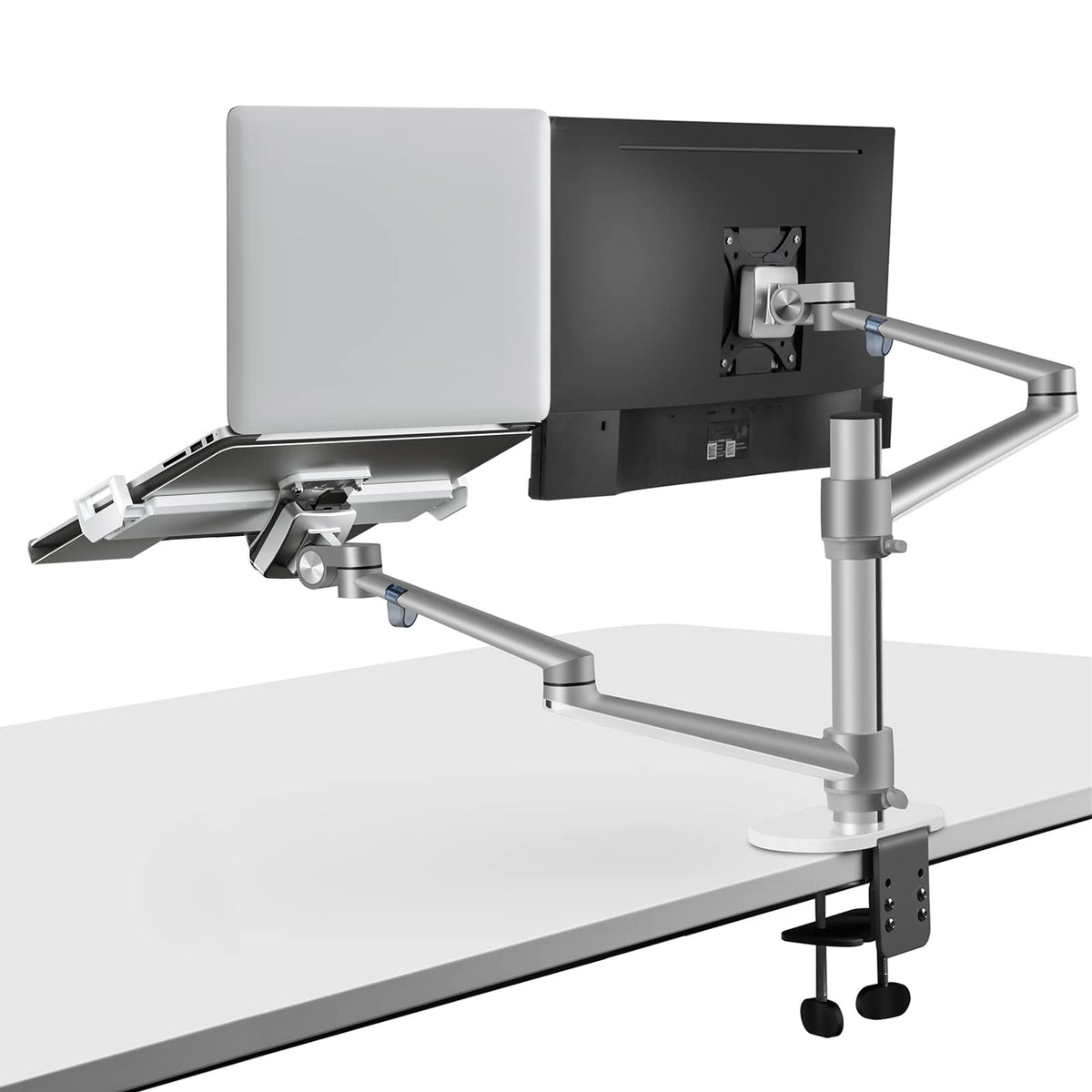 Viozon Monitor and Laptop Mount, 2 in 1 Adjustable Dual Arm Desk Mounts Single Desk Arm Stand/Holder for 17 to 32 Inch LCD Computer Screens, Extra Tray Fits 12 to 17 inch Laptops (Silver)