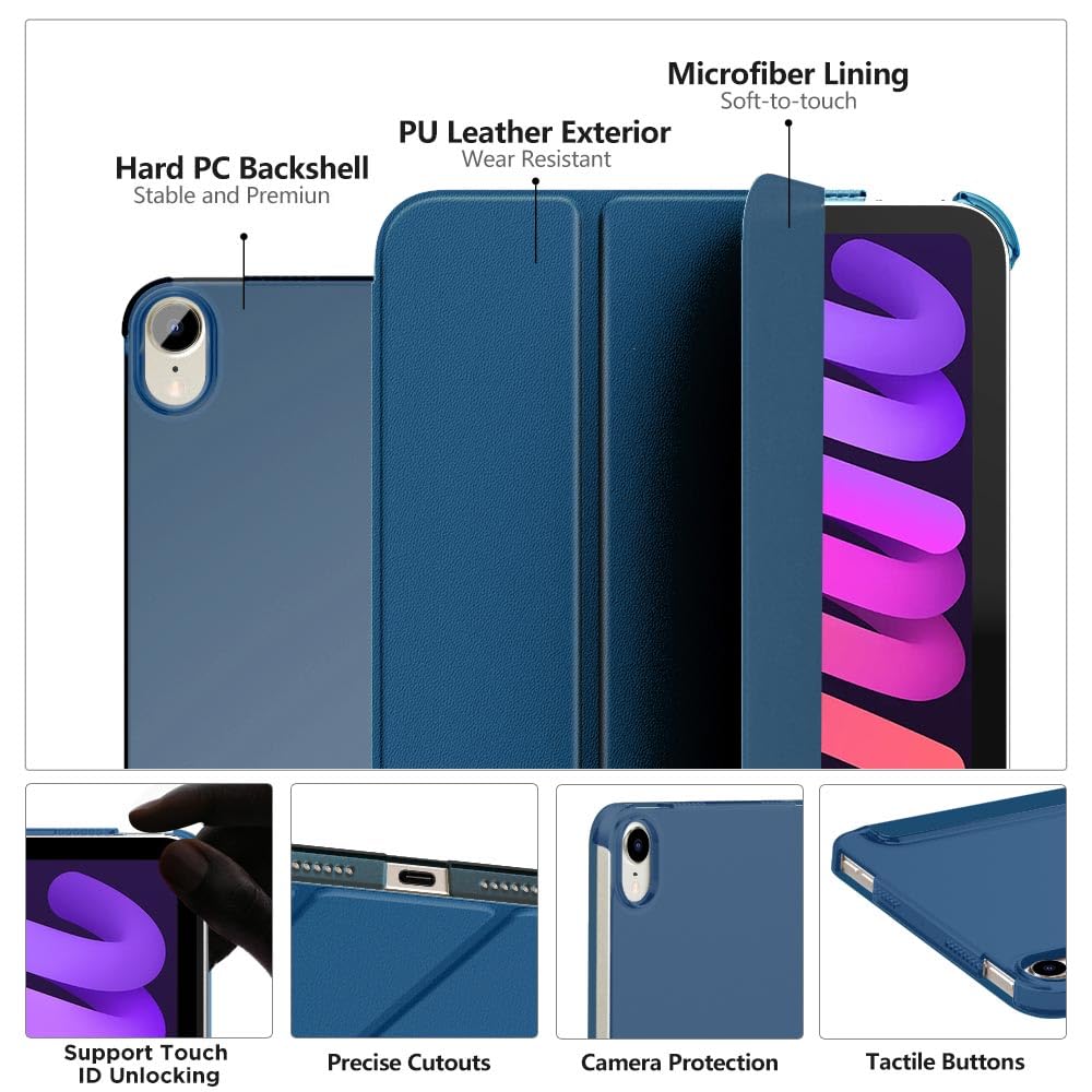 MoKo for iPad Mini 7 (A17 Pro) Case 2024,iPad Mini 6 Case 2021,8.3 inch iPad Mini 7th/6th Generation Case,Slim Lightweight Hard Back Shell Stand Cover for iPad Mini 2024 with Touch ID, Dark Sea Blue