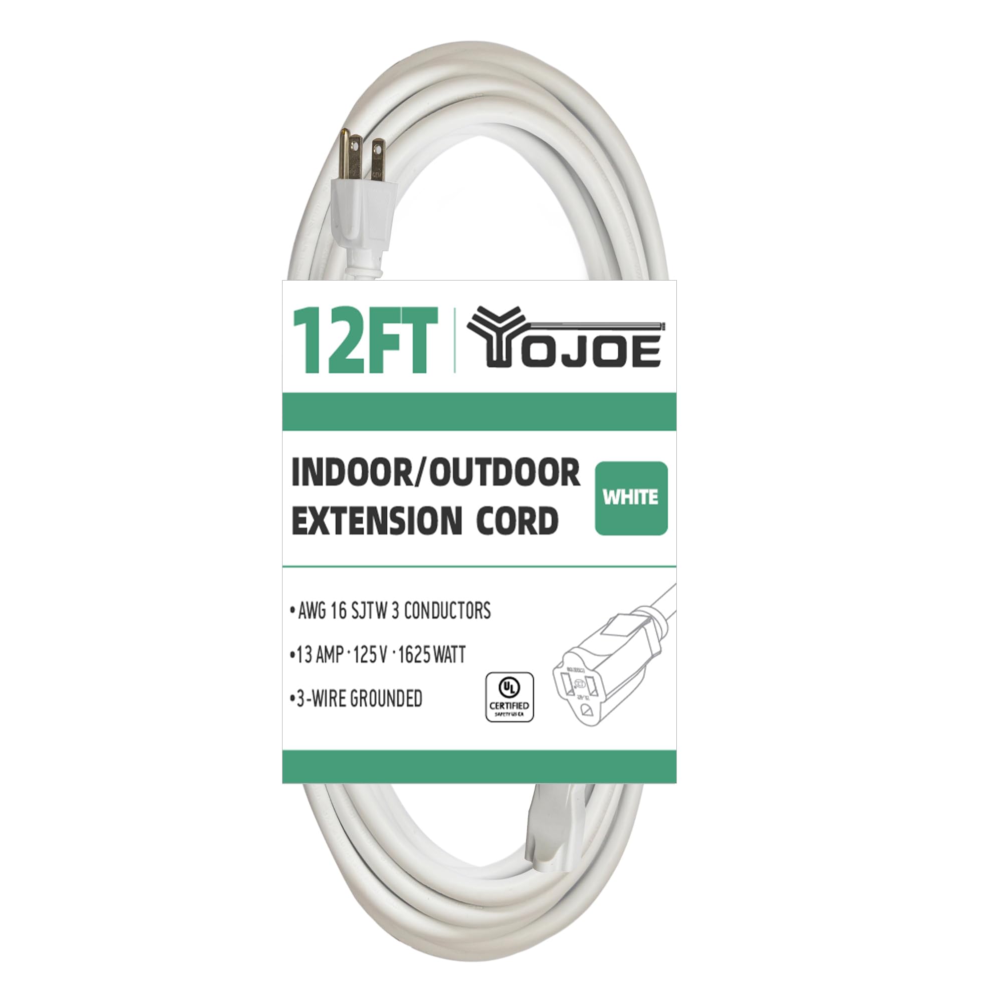 Yojoe Indoor Outdoor Extension Cord, 3 Prong 13A Weatherproof Power Extension Cord, 16 Gauge Heavy Duty 12 Ft White Extension Co