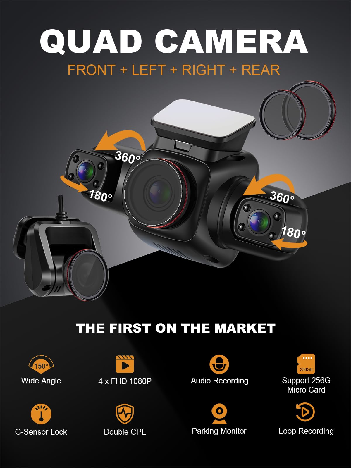 Pruveeo Dash Cam, 4 Channel Camera Fhd 1080Px4, Front Left Right And Rear, Front And Rear Inside, Built In Gps Wifi, Polarizing