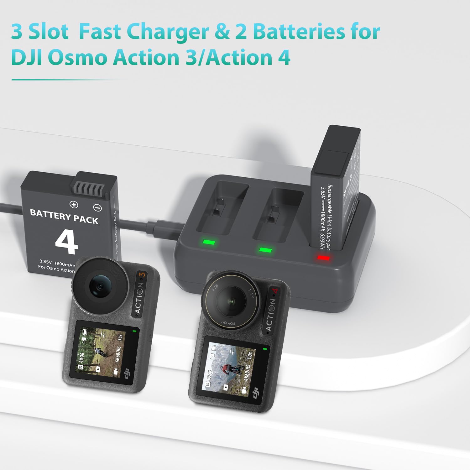 Lp Battery Charger Pack Compatible With Dji Osmo Action 3/4, 2 Pack1800Mah Dji Osmo Action 4 Camera Batteries, 3 Channel Usb Cha