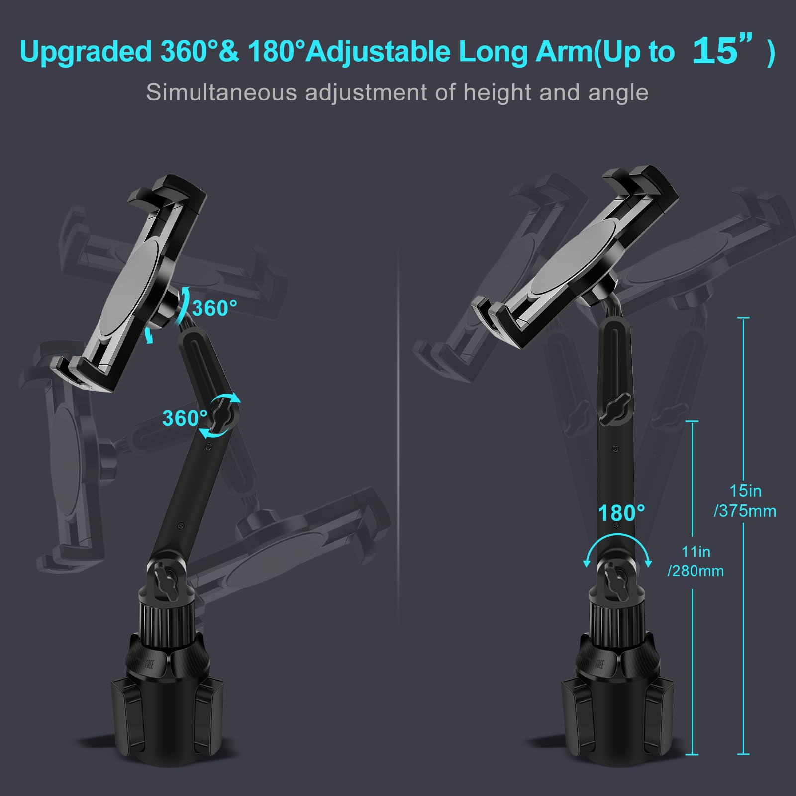 Cup Holder Car Tablet Mount For Truck, 360 Adjustable 15'' Long 2 Arm Stand Holder For Ipad Pro 12.9/11/10.5/9.7/Air/Mini 6/5/4,