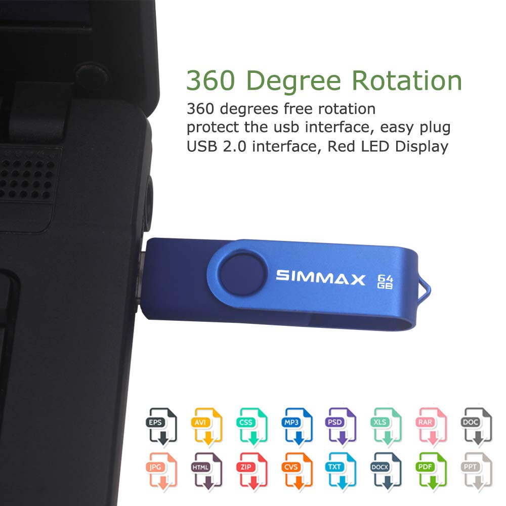 Simmax 64Gb Memory Stick Usb 2.0 Flash Drives Swivel Thumb Drive Pen Drive (64Gb Blue)