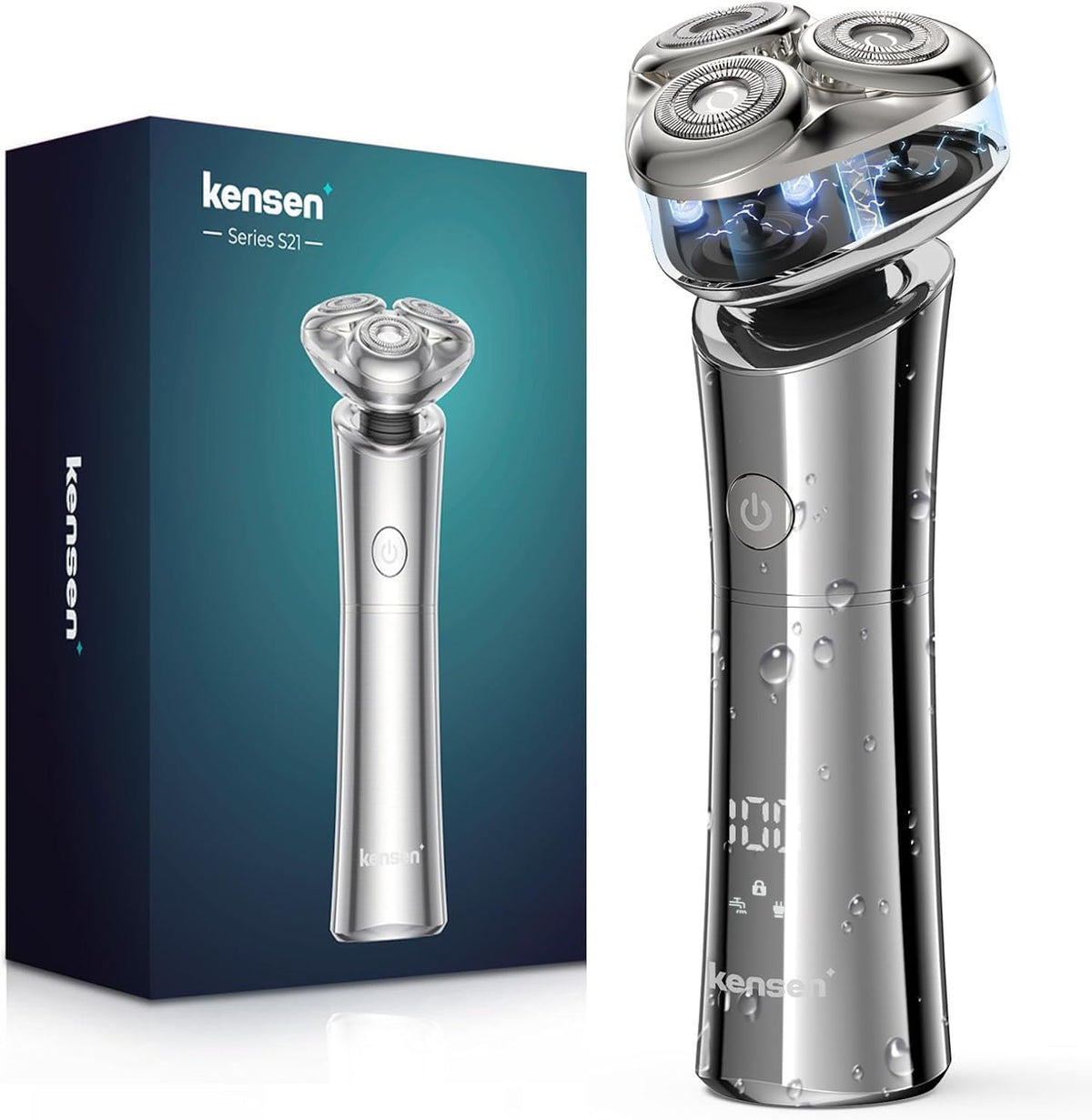 Electric Razor For Men, Kensen Rechargeable Men'S Rotary Shaver Cordless, Waterproof, Wet & Dry, 3D Magnetic Floating Head, Led