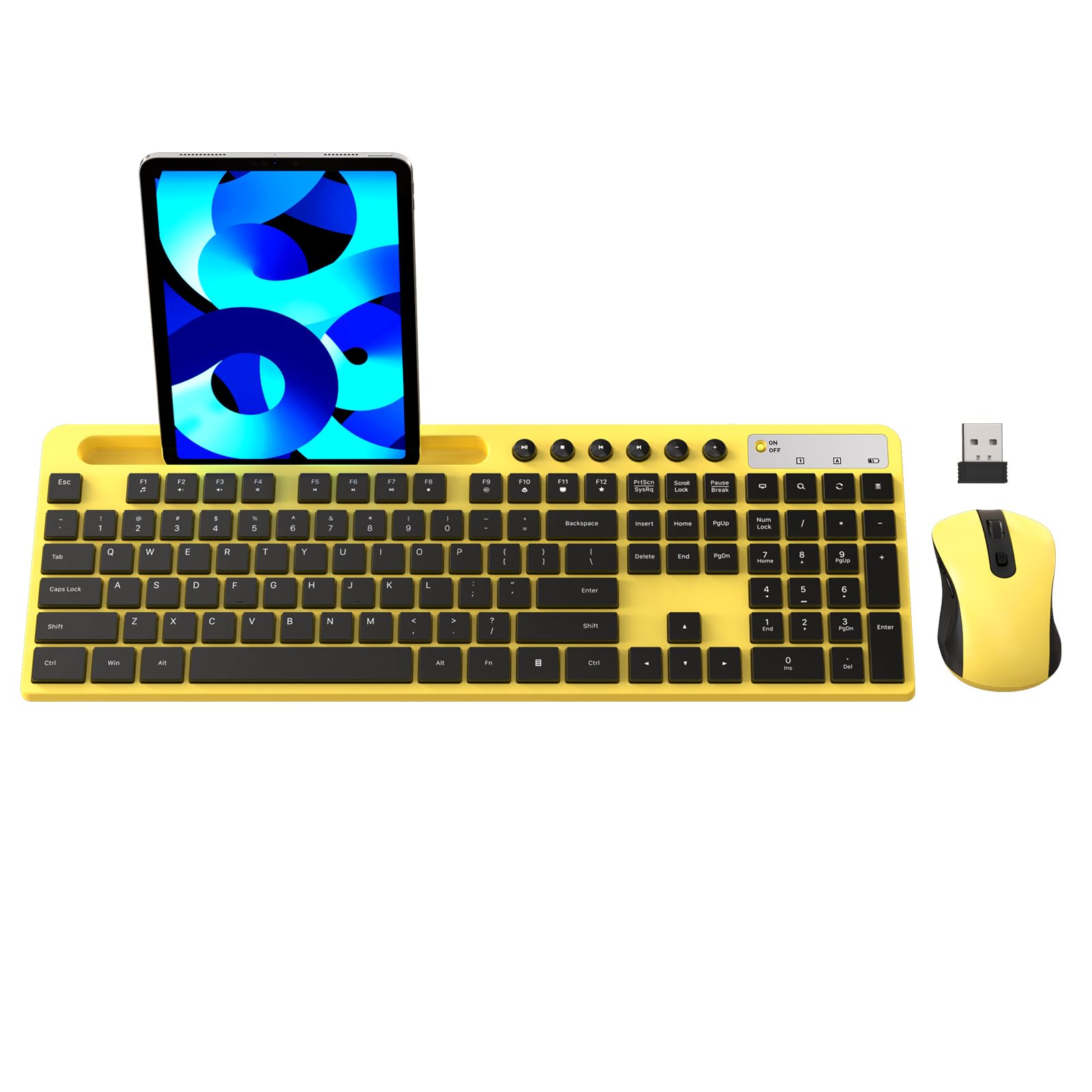 Wireless Keyboard And Mouse Combo, Marvo 2.4G Ergonomic Wireless Computer Keyboard With Phone Tablet Holder, Silent Mouse With 6 Button, Compatible With Macbook, Windows (Yellow)
