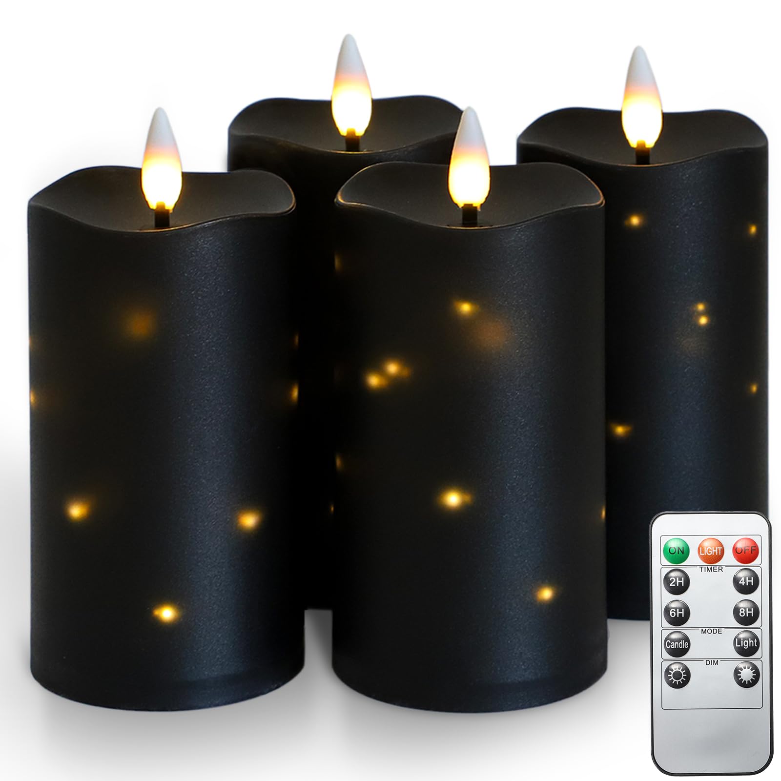 Lezonic Black Flameless Waterproof Outdoor Candles with Remote, 4Pcs Battery Operated Candles LED Flickering Dancing Flame, Buil