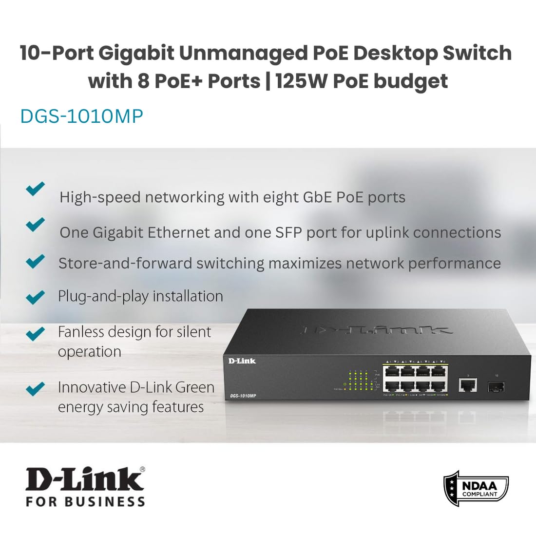 D Link Poe Switch, 8 10 Port Unmanaged W/ 1 Gigabit Ethernet Port & 1 Sfp Uplink Port, 125W Poe Budget Fanless Rackmount Plug N