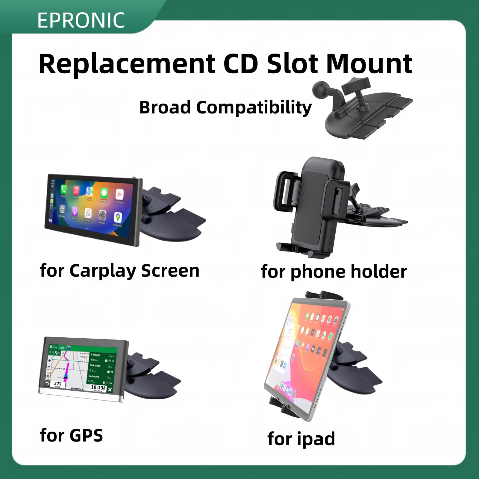 Epronic Replacement Cd Slot Mount For Garmin Gps Navi, Carplay Screen, Phone Holder Standard 17Mm Ball Adapter Cd Mount For 4''-